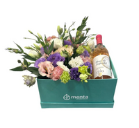Jade-caja menta con lisianthus rosa,morado  y vino rosado