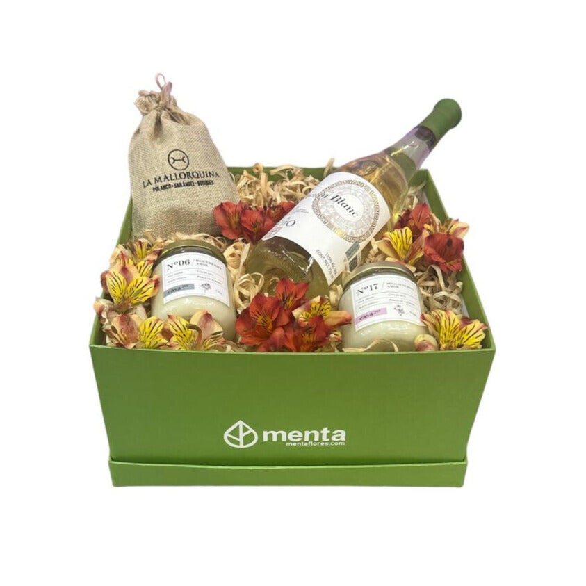 Kansas-caja cuadrada verde con regalos y Vino blanco