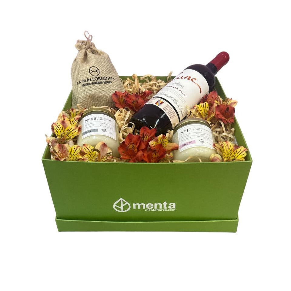 Tennyson-caja cuadrada verde con regalos y bebida
