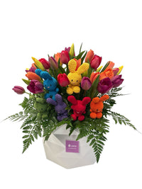 Luca-caja con 40 tulipanes y kit Luca 6 peluches
