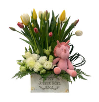 Luciana-maceta de metal con 20 tulipanes y lisianthus