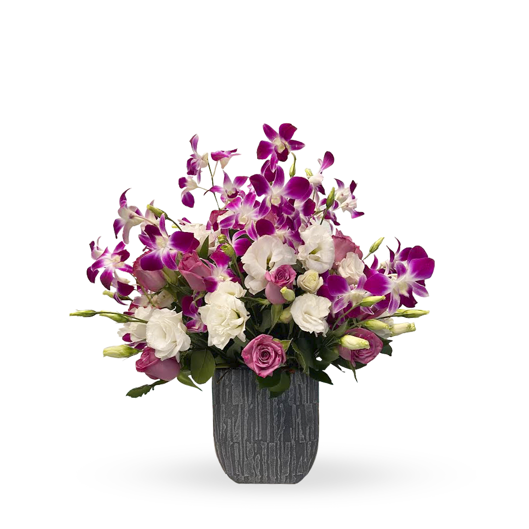 Cristina-base de cerámica con  orquídea dendrobium y lisianthus blanco