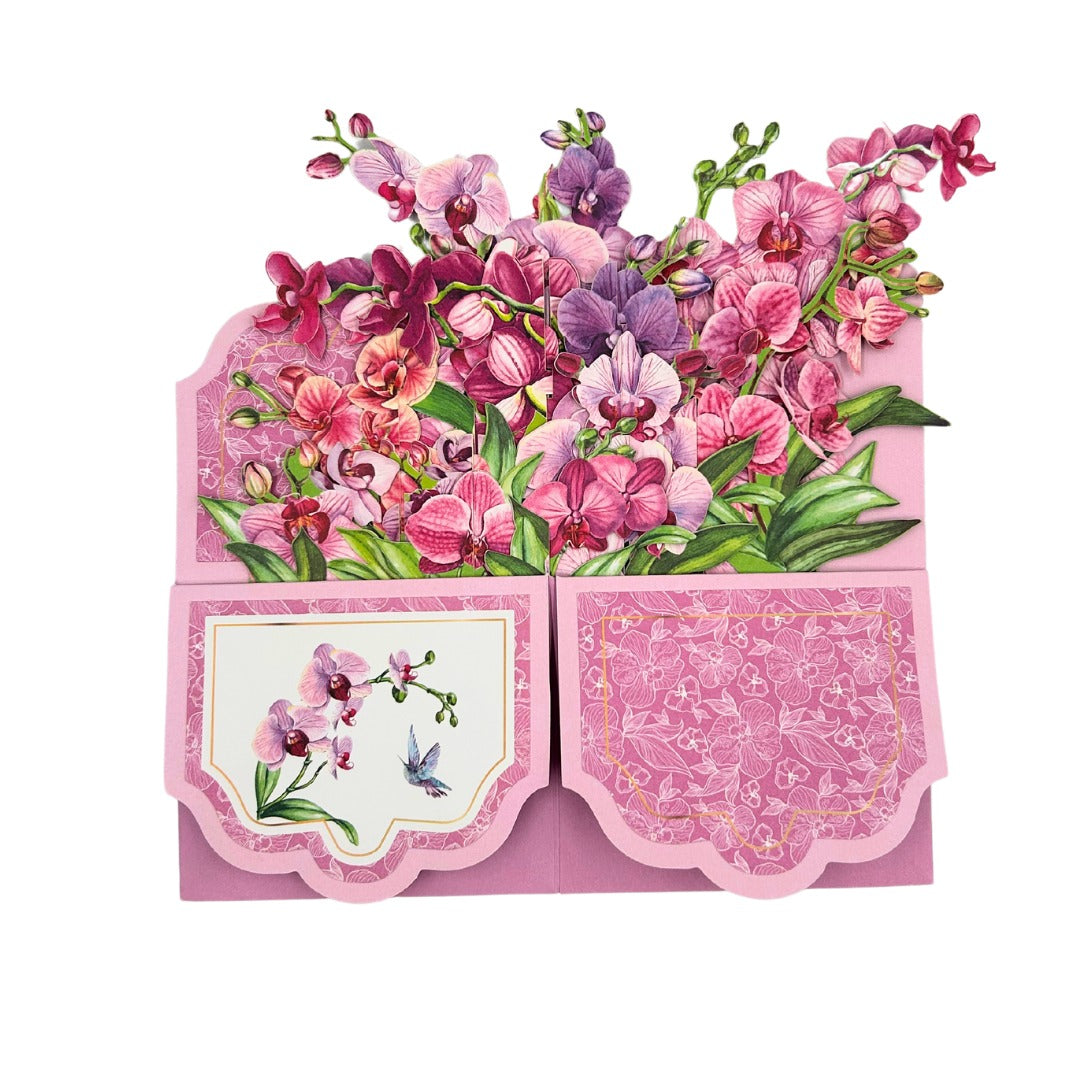 Tarjeta Pop Up 3D-Maceta de orquídeas rosas