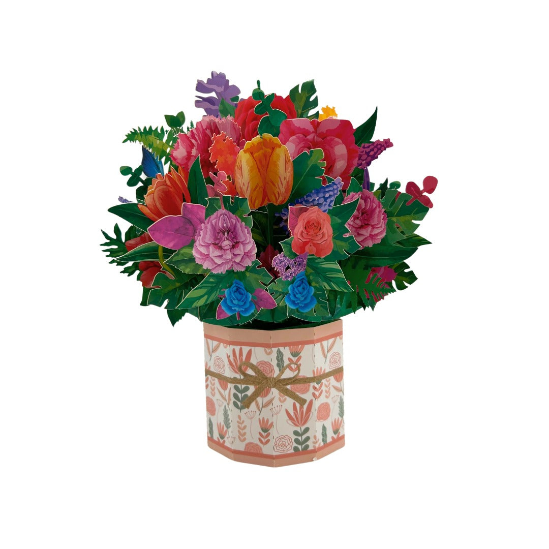 Tarjeta  Pop Up 3D-Maceta tulipanes, rosas y claveles