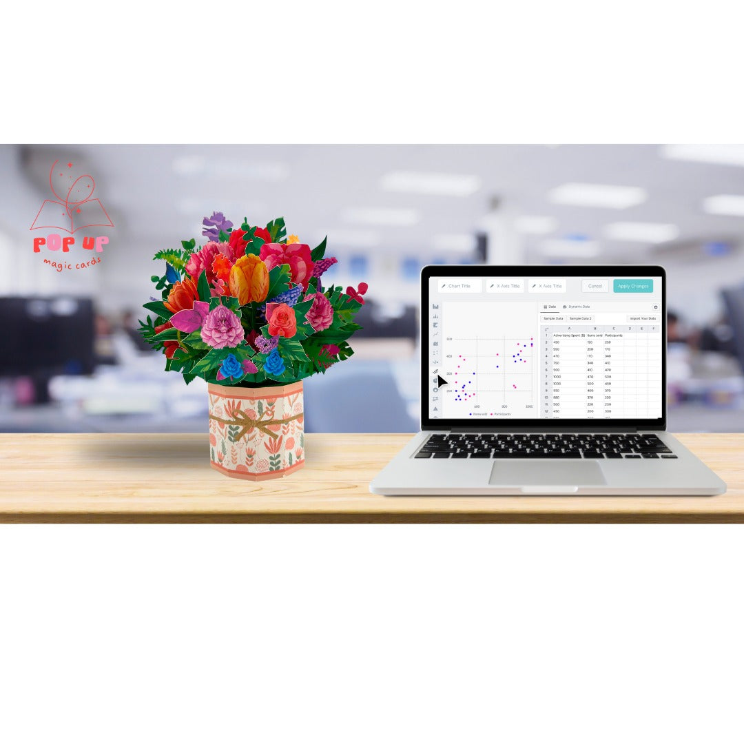 Tarjeta  Pop Up 3D-Maceta tulipanes, rosas y claveles