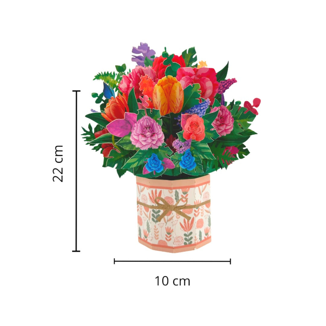 Tarjeta  Pop Up 3D-Maceta tulipanes, rosas y claveles