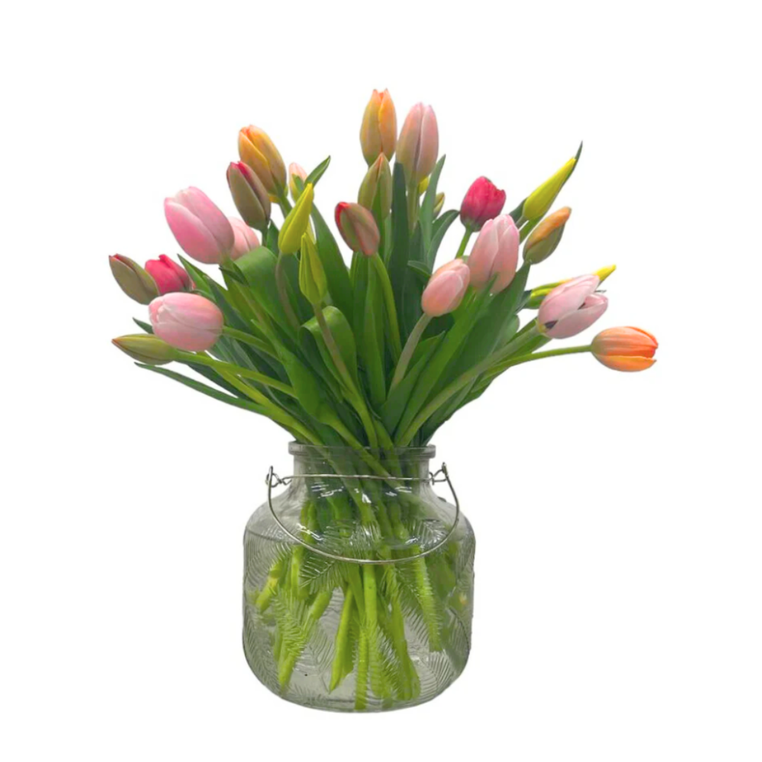 Magdalena-florero de cristal con 40 tulipanes de colores