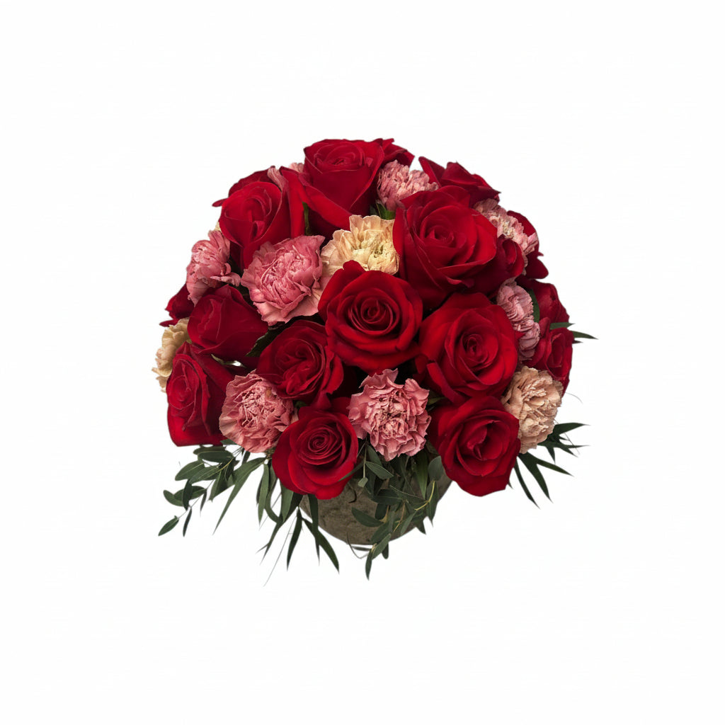 Odette-maceta de cemento volcán con rosas rojas y claveles