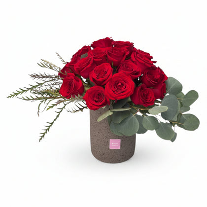 Paloma - base de cemento con 24 rosas rojas