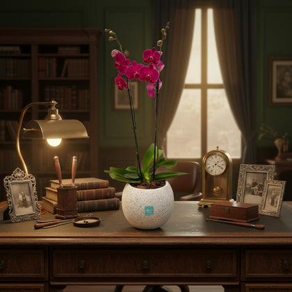 Phalaenopsis Piedra- maceta con una orquídea fiusha