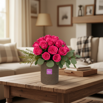 Paloma - base de cemento con 24 rosas fiusha