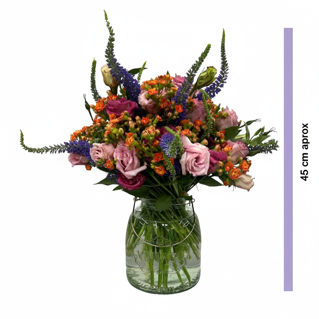 Perla-Florero de cristal con lisianthus rosa, verónica y kalanchoe