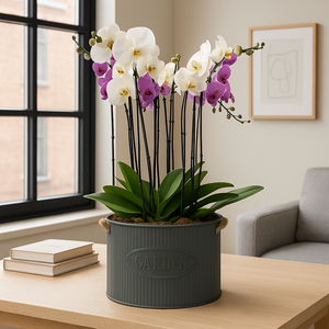 Phalaenopsis garden oxford - maceta de metal con 5 orquídeas mixtas