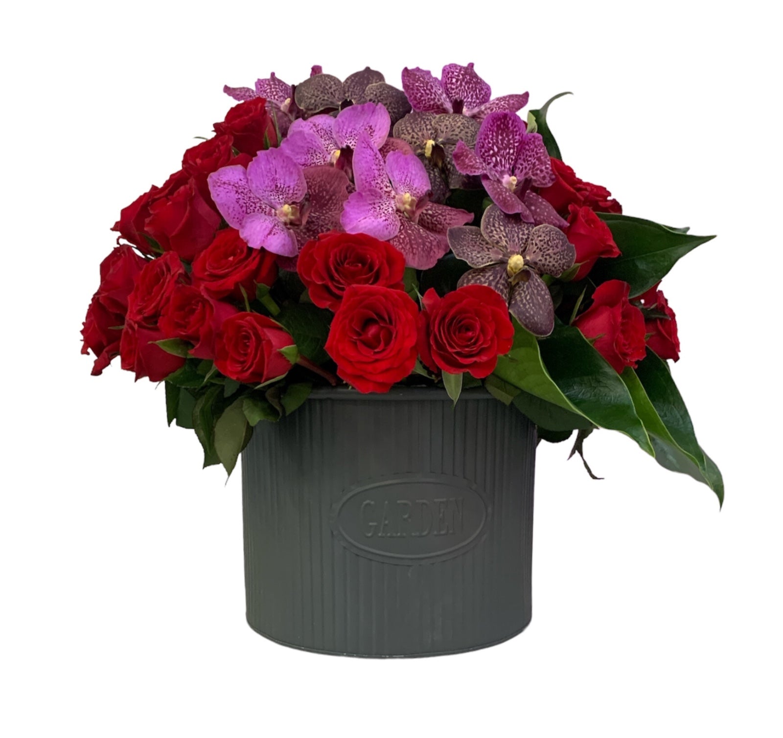 Triana-maceta de metal con 75 rosas rojas y orquídea vanda