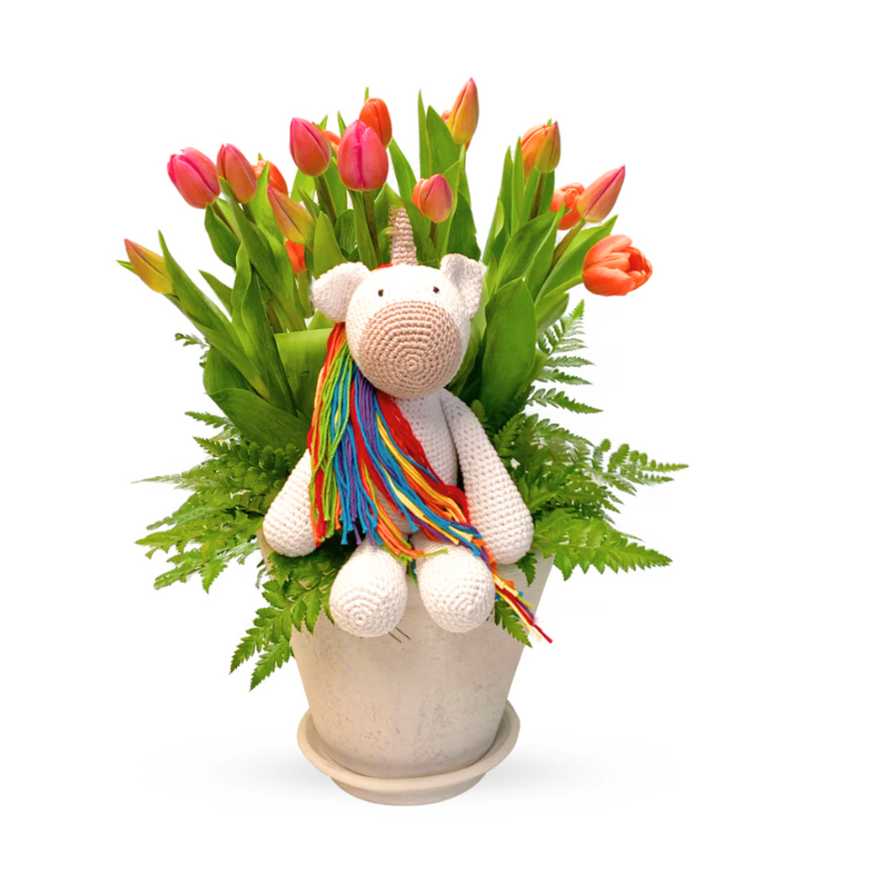 Romina - maceta con 20 tulipanes y unicornio de peluche