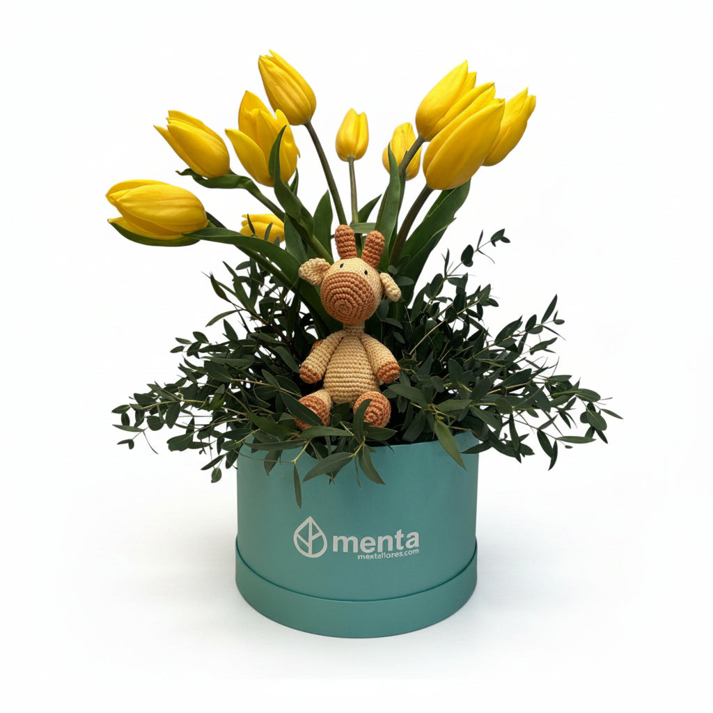 Simone-caja redonda chica con tulipanes y mini joana de peluche