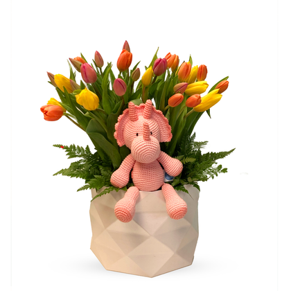 Dania-caja con 30 tulipanes y dinosauria de peluche