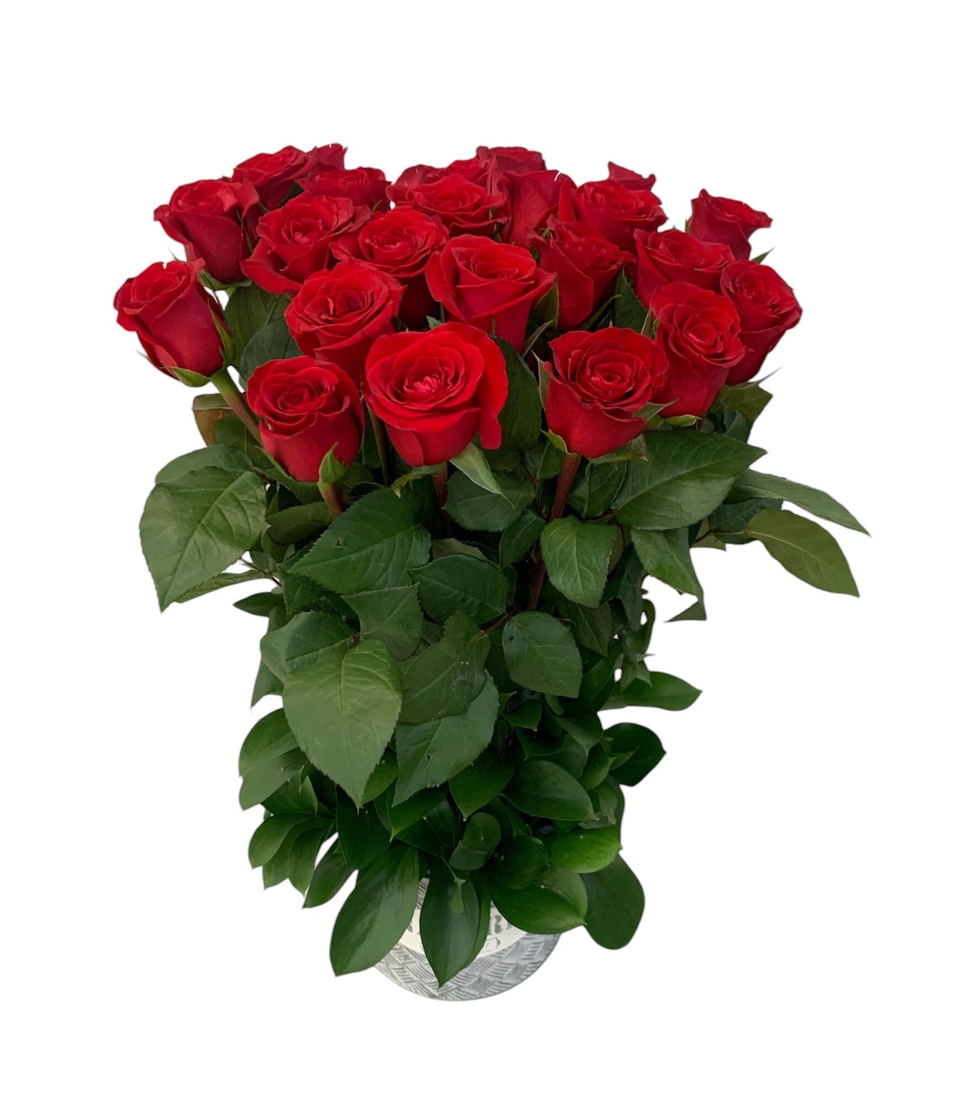 Virginia-maceta de metal con 24 rosas rojas