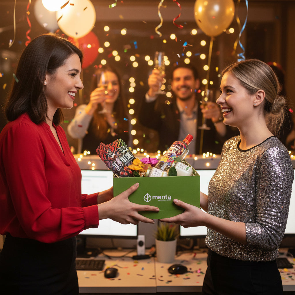 Dallas-caja cuadrada verde con regalos y bebida