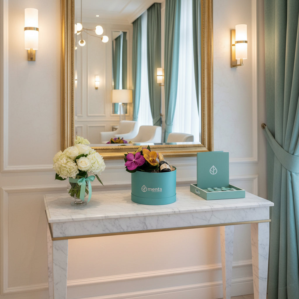 Zirconia-caja redonda menta con orquídeas vanda y bebida