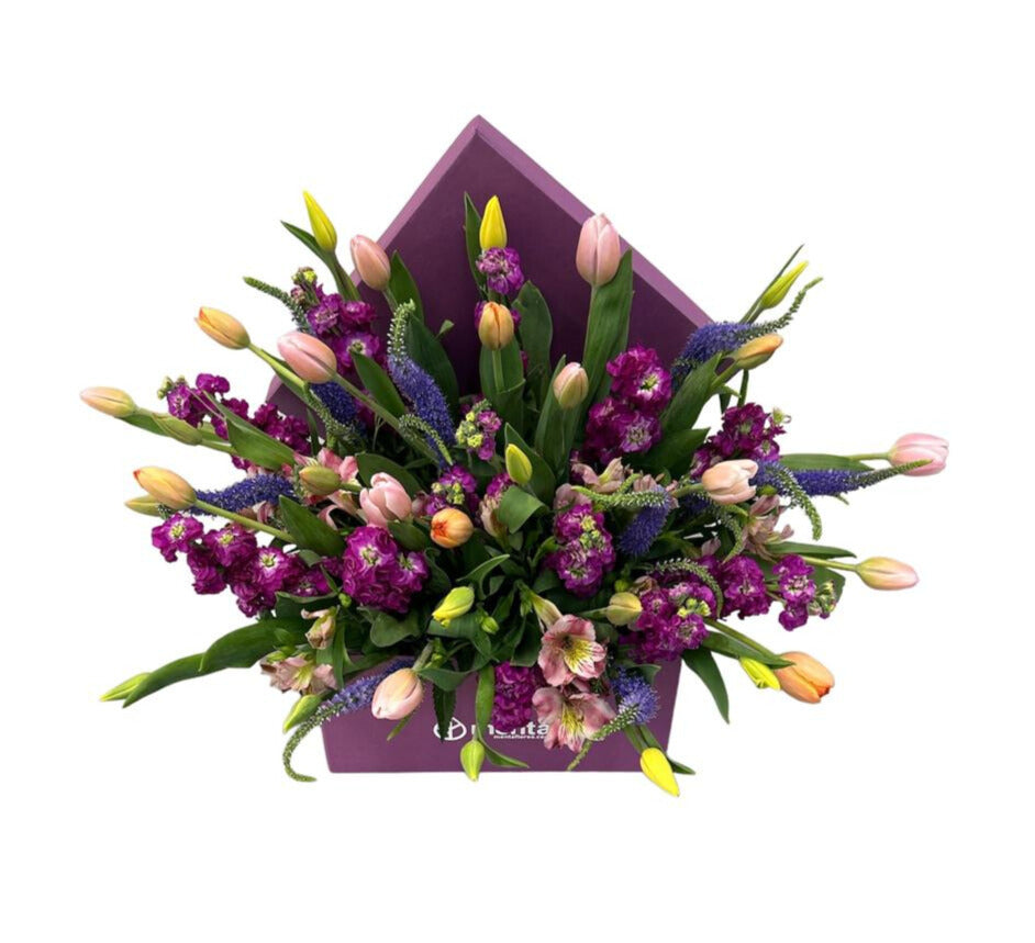 Vanessa-caja cuadrada uva con tulipanes y matiola
