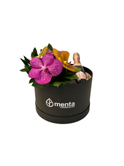 Amatista-caja redonda negra con orquídeas vanda y bebida