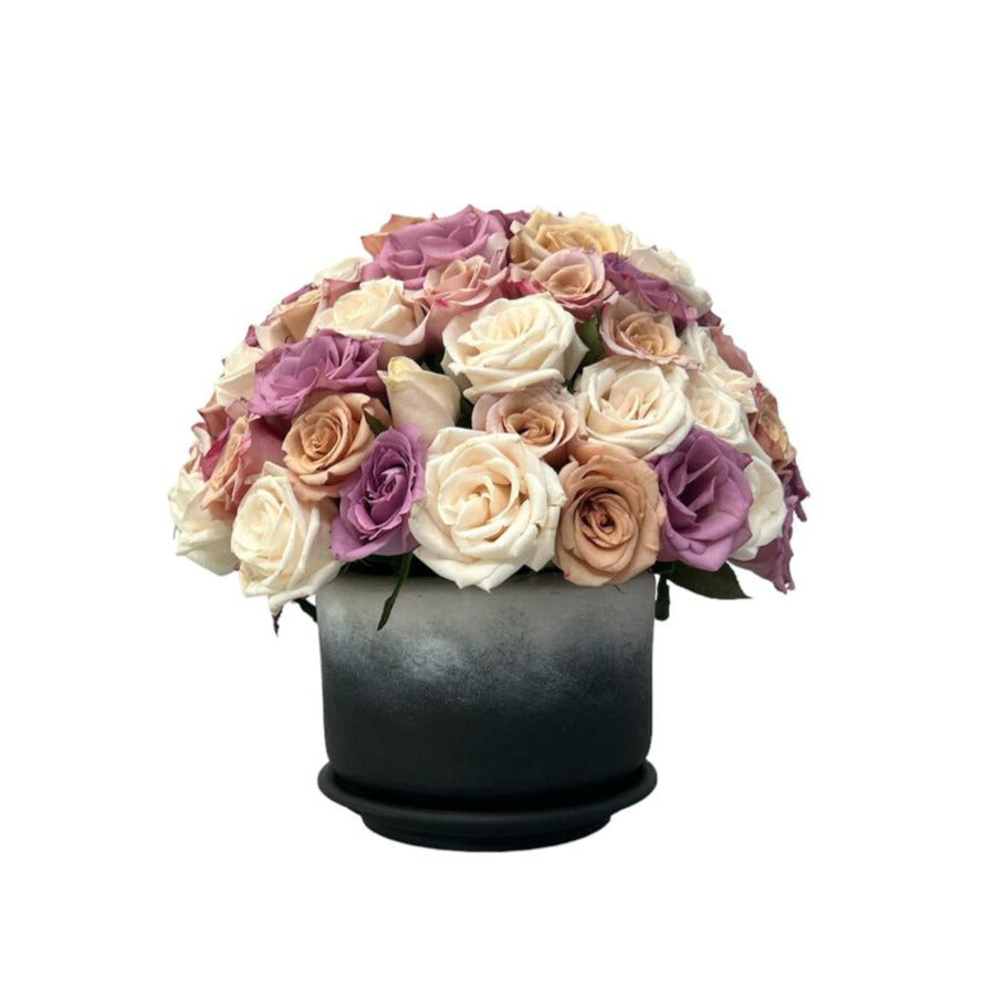 Aline-maceta de barro fusion negro con 75 rosas color pastel