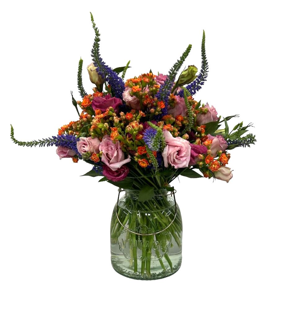 Perla-Florero de cristal con lisianthus rosa, verónica y kalanchoe