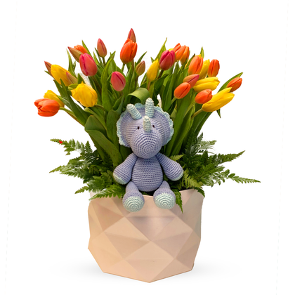 Dinora-caja con 30 tulipanes y dinosaurio de peluche
