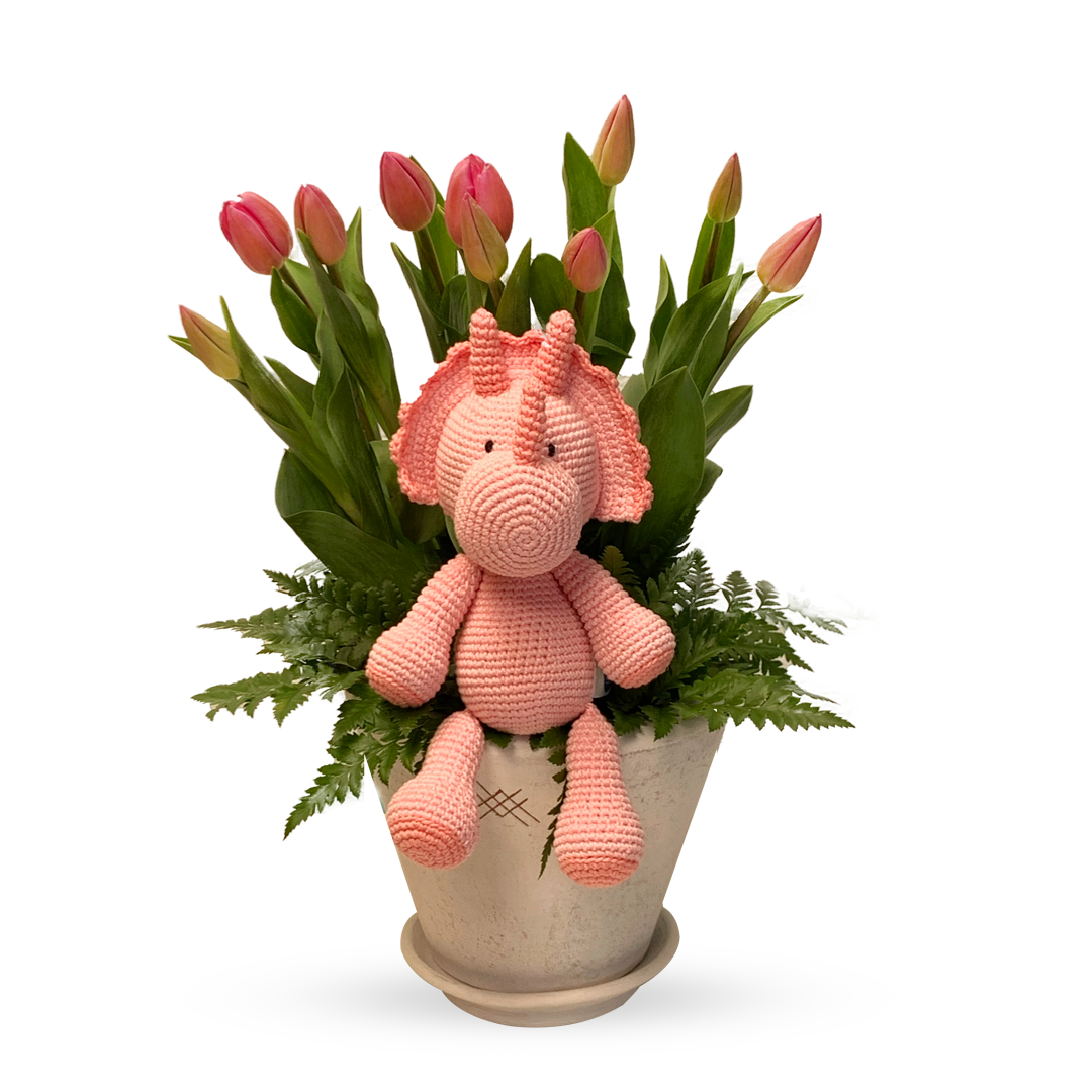 Adamari-maceta con 20 tulipanes y dinosauria de peluche