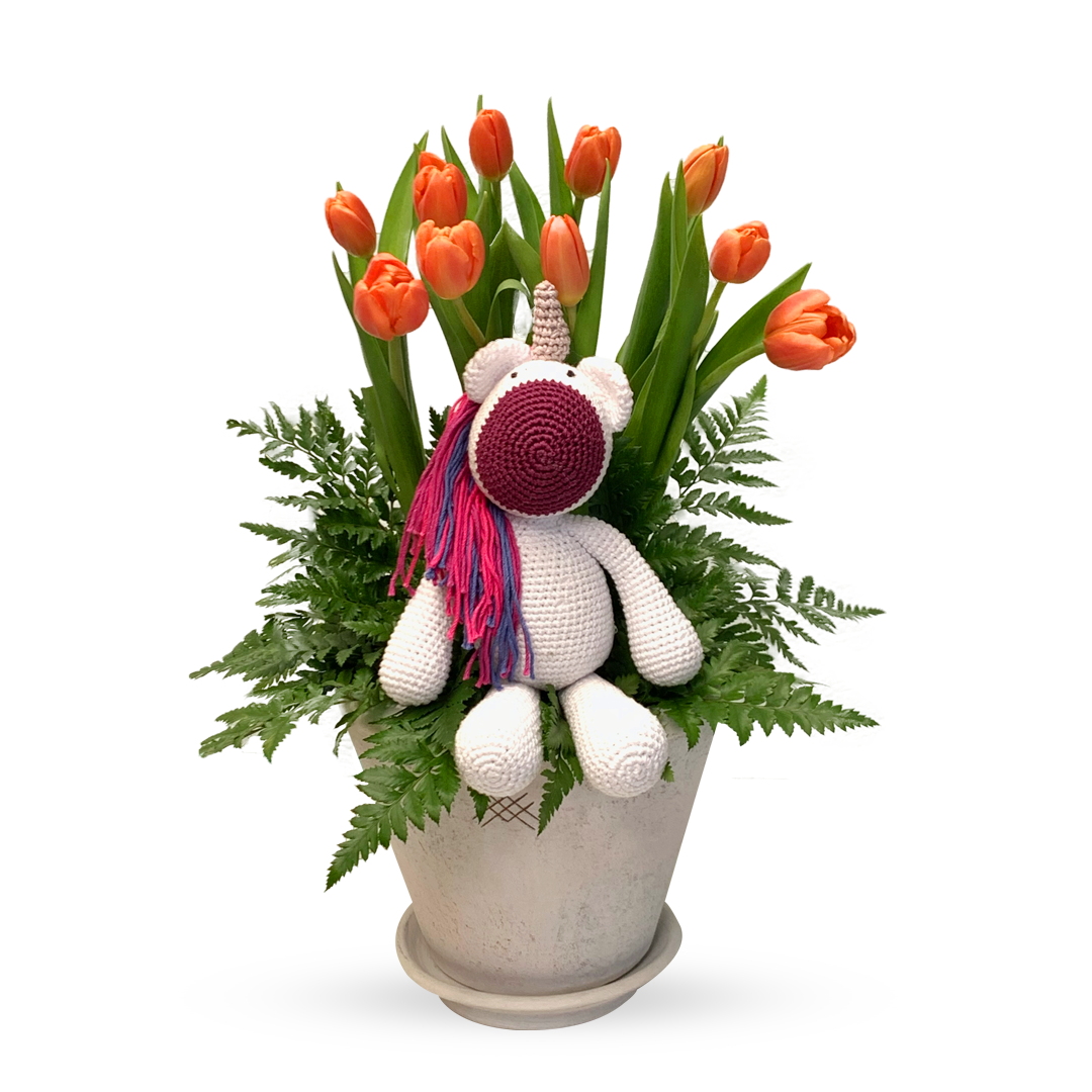 Carmen-maceta con 20 tulipanes y Unicornio de peluche