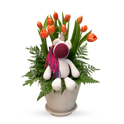 Carmen-maceta con 20 tulipanes y Unicornio de peluche