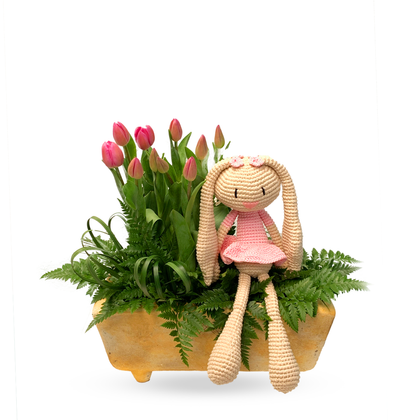 Paty-maceta con 20 tulipanes y coneja de peluche