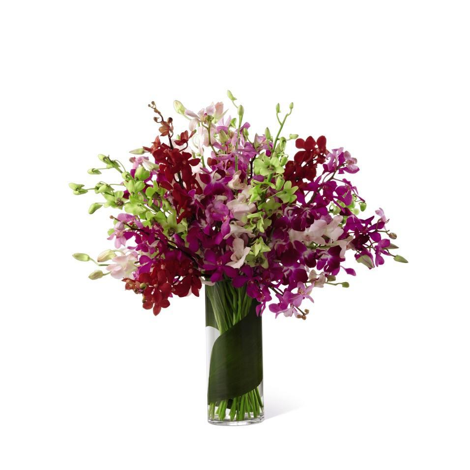 Etiqueta Marrón - florero de cristal con orquídeas dendrobium