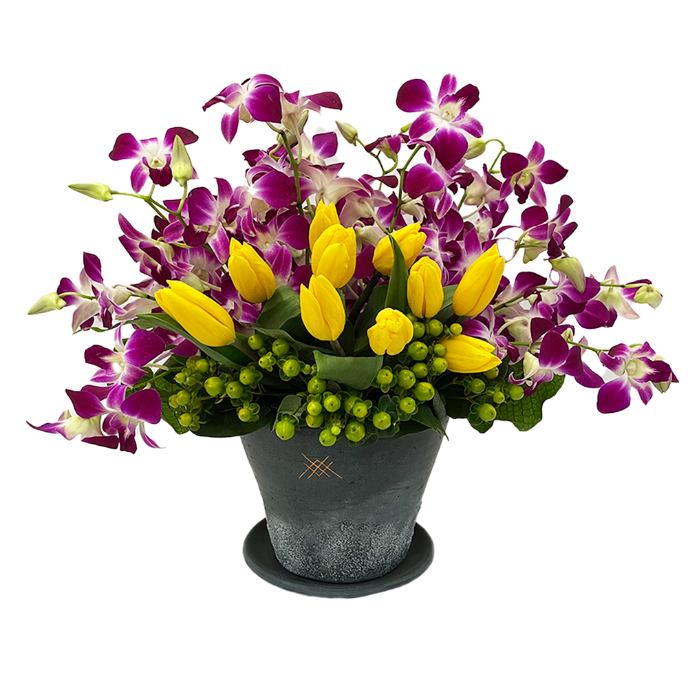 Karla - base de barro con orquídea dendrobium y tulipanes