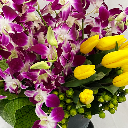 Karla- base de cerámica con orquídea dendrobium y tulipanes