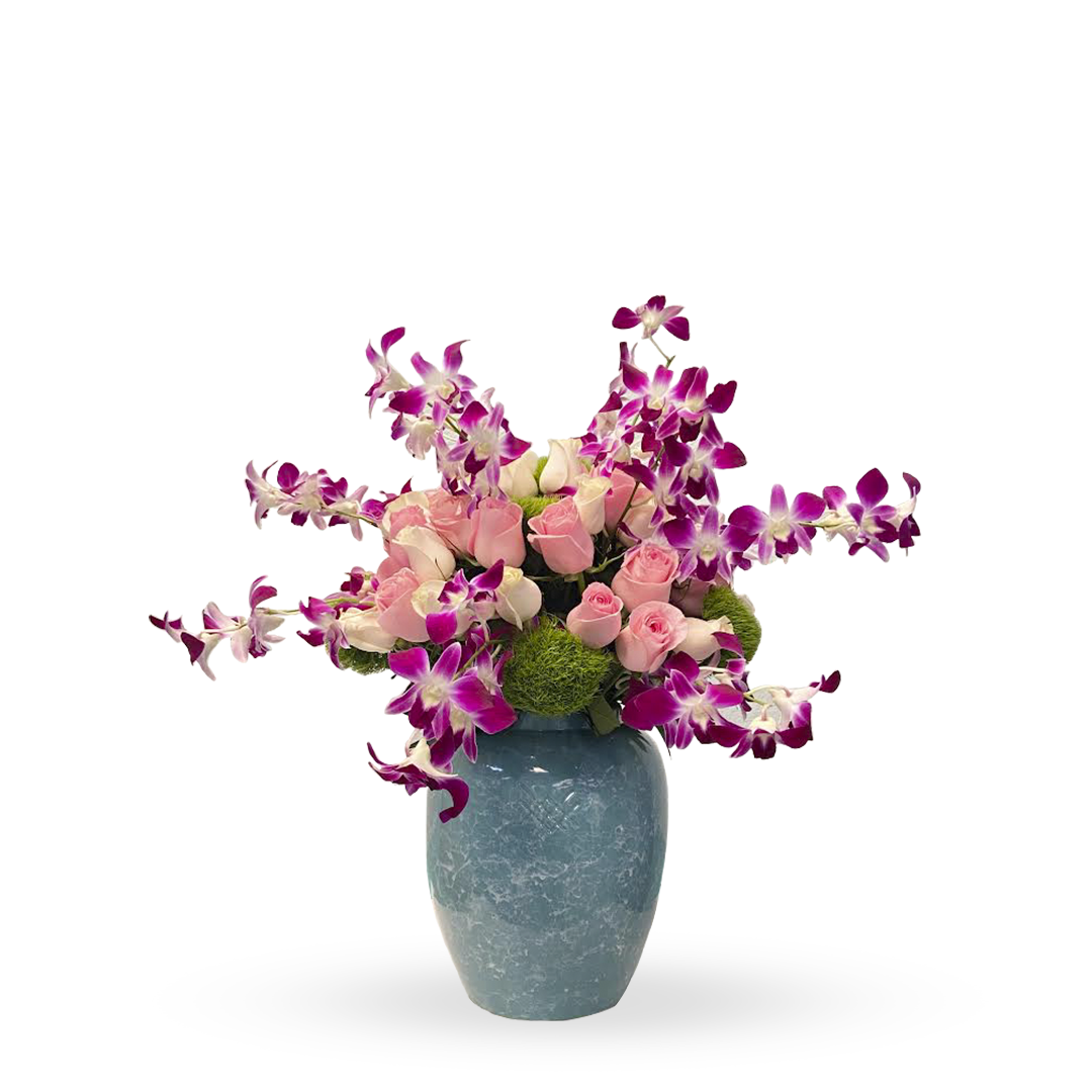 Etiqueta Munich-florero de cerámica menta con rosas y orquídea dendrobium