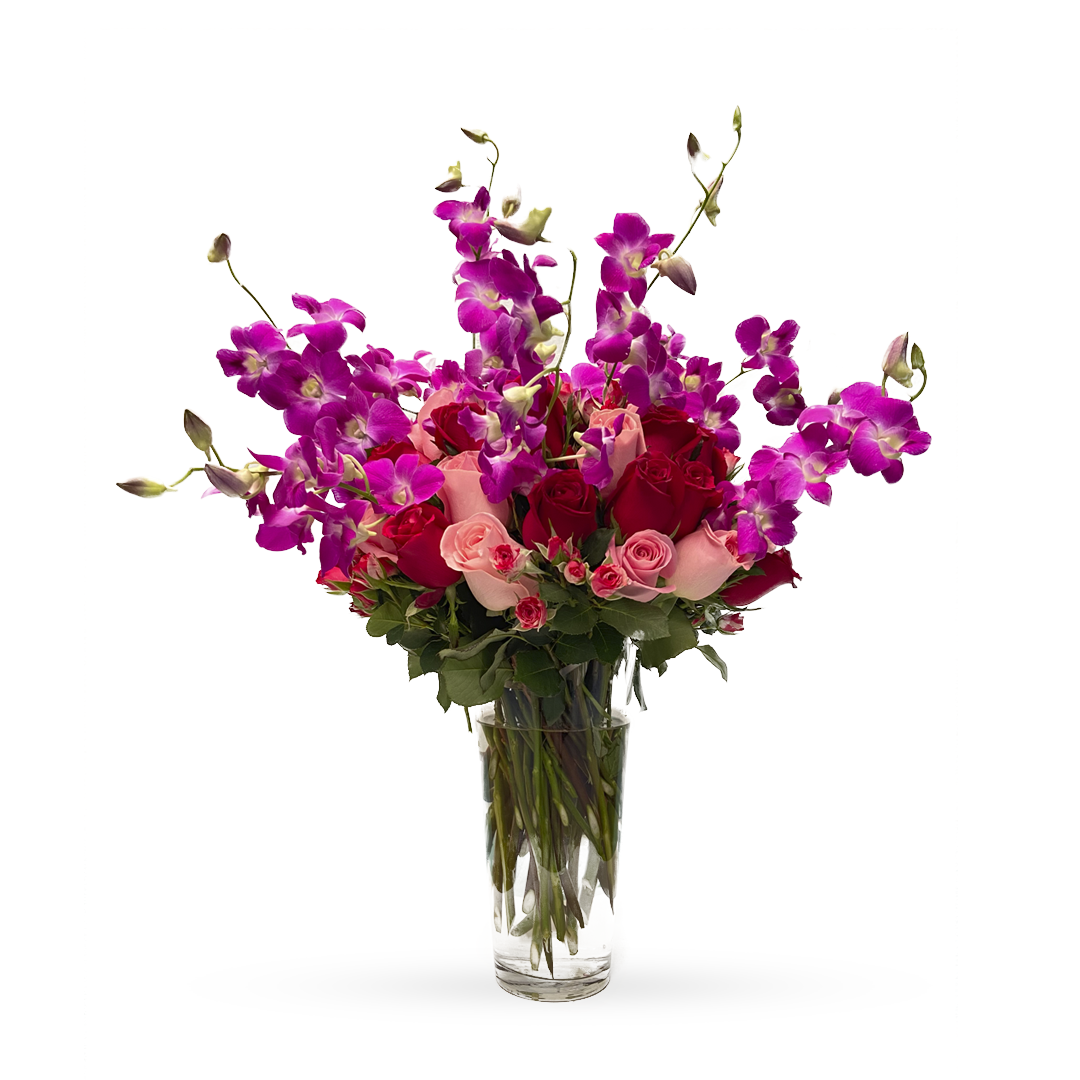 Etiqueta Ambar - Florero de cristal con rosas rojas, fiusha y combinación de follajes con orquídea dendrobium